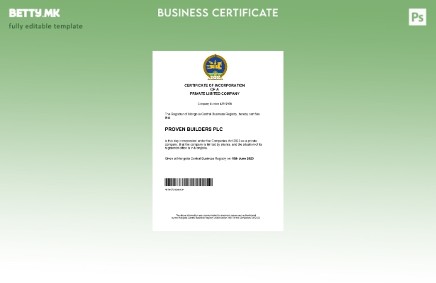 модерен стил Монголија сертификат за регистрација на бизнис Шаблон за Word и PDF